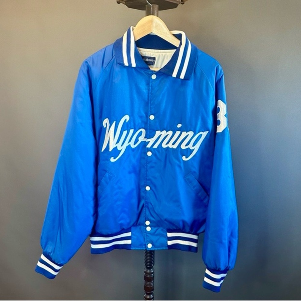 Vintage 90s Wyoming 36 Holloway Blue and White Varsity Bomber Jacket Men's - Picture 2 of 14